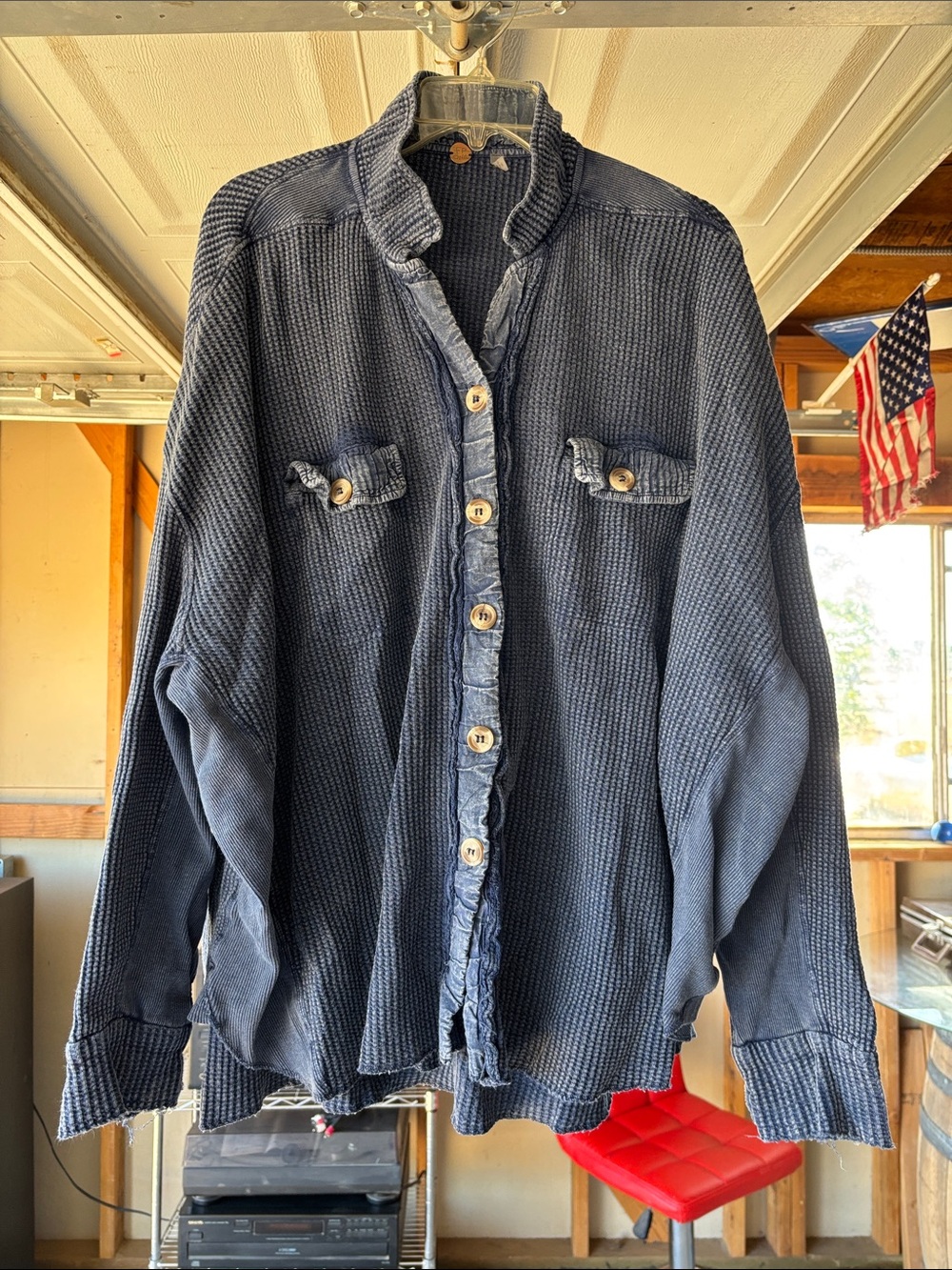 Waffle Knit Button-Down Shirt in Dark Blue